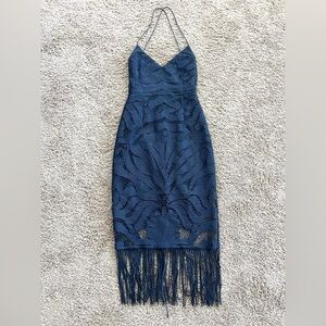 Fringe Midi Navy Blue Lace Dress XS